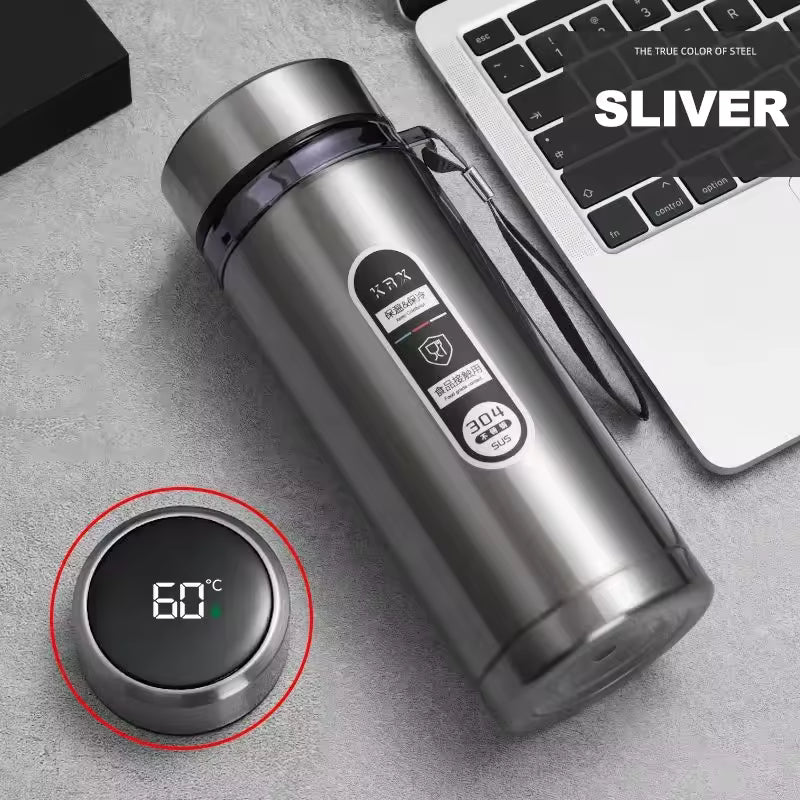 silver led temperature thermos bottle