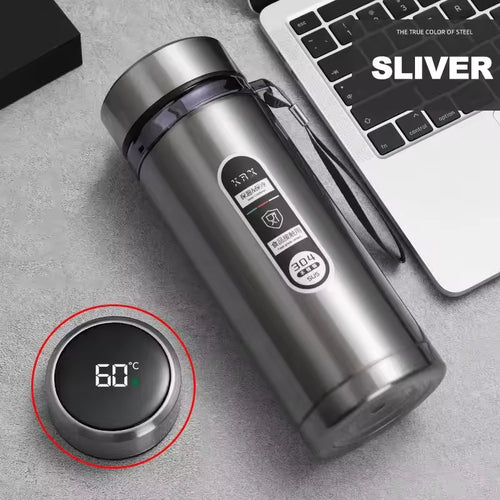 silver led temperature thermos bottle